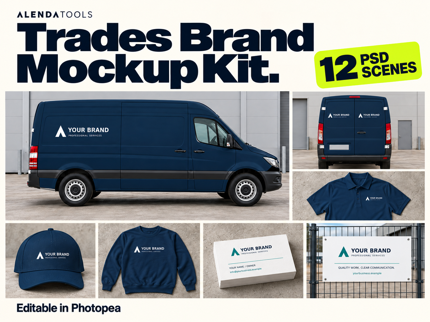 Trades Brand Mockup Kit with 12 PSD scenes